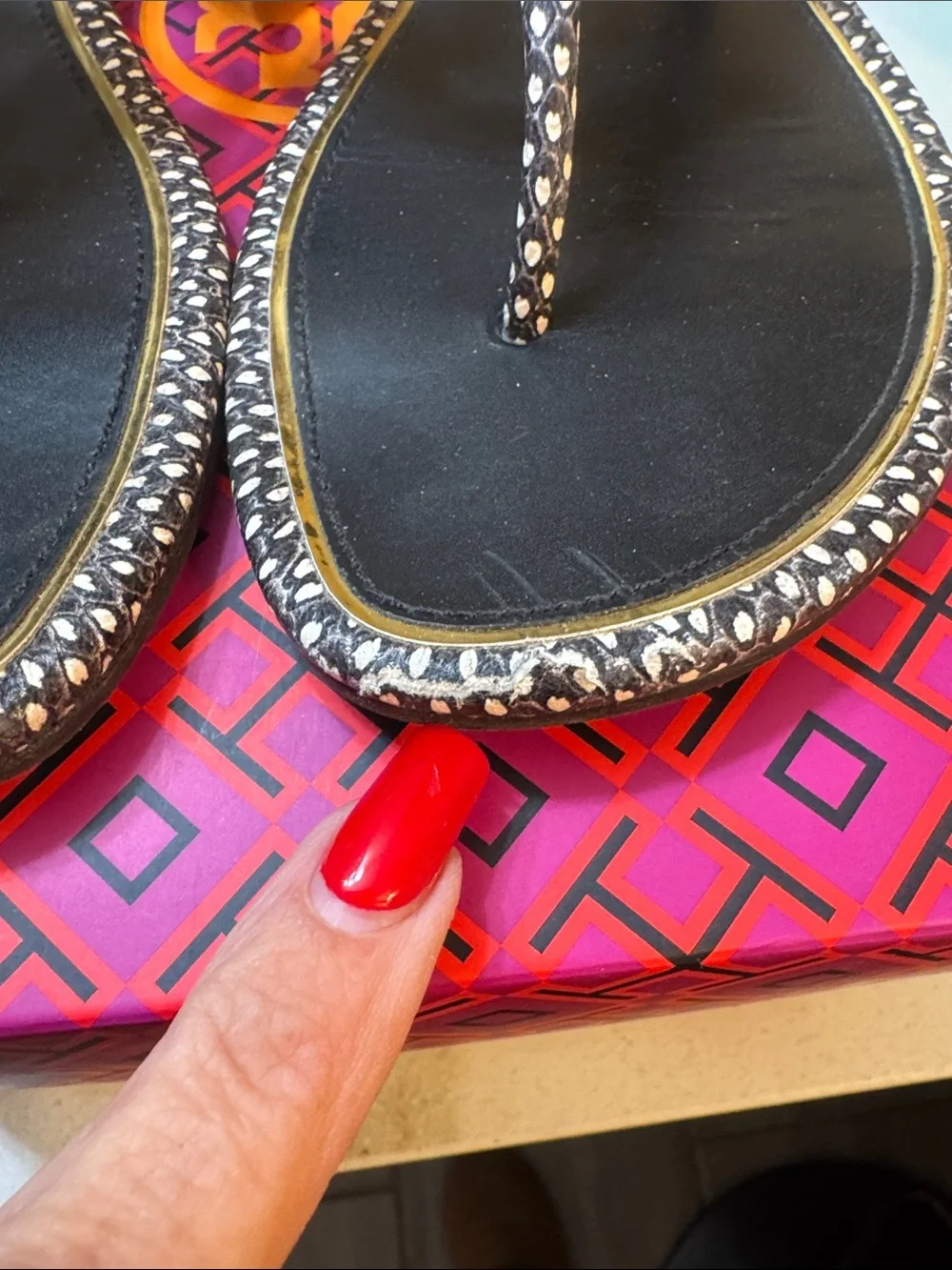 Tory Burch Black & Gold Logo Thong Sandals with Patterned Trim